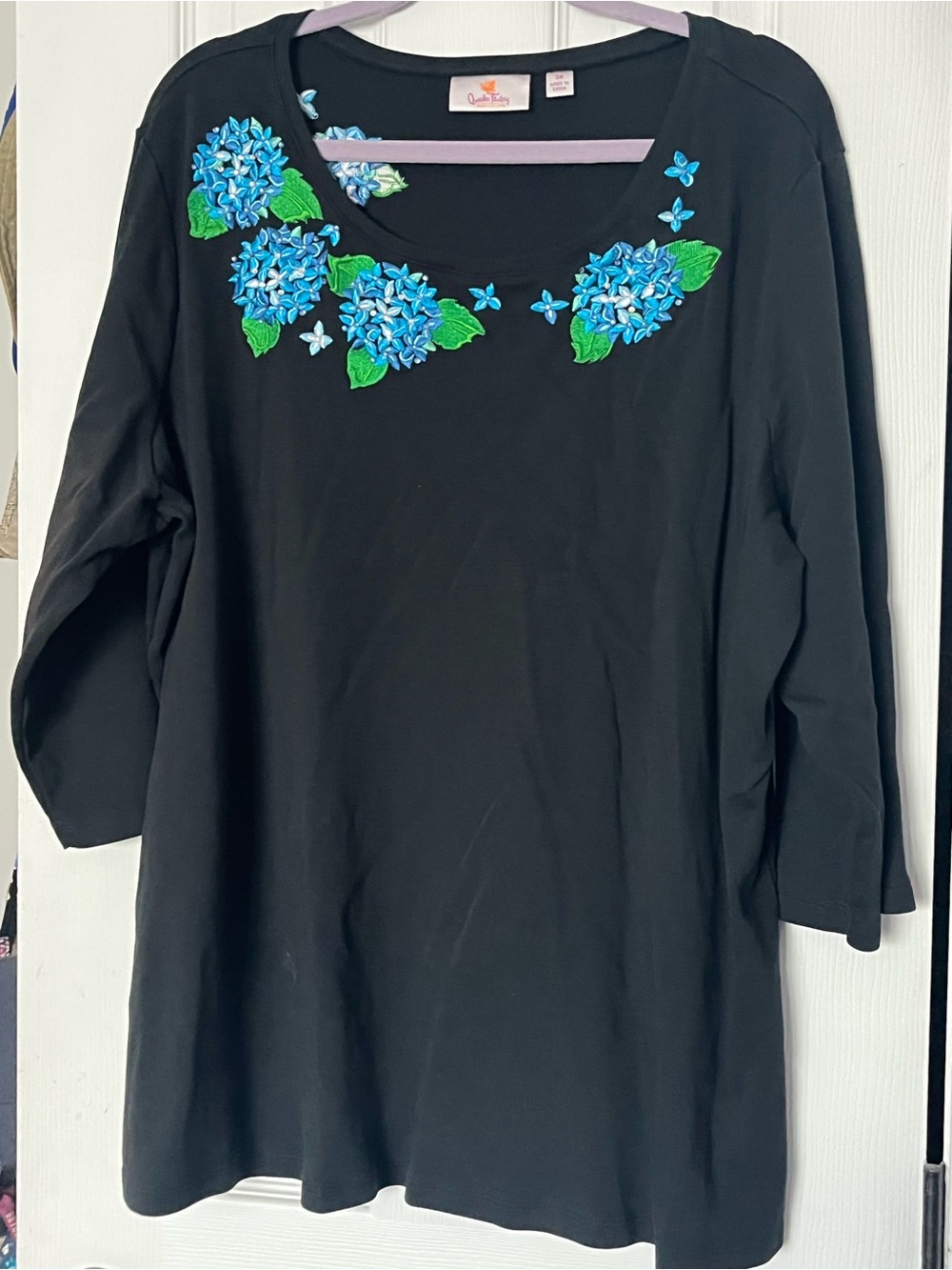 Quacker Factory Black Long Sleeve Top with Blue Floral Embroidery